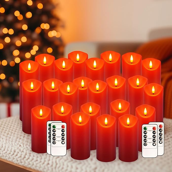 24-Pack Red Flameless LED Candles with Remote - Realistic Flickering Battery - Operated Pillar Candles forValentine's Day, Home Decor, Weddings, Parties.