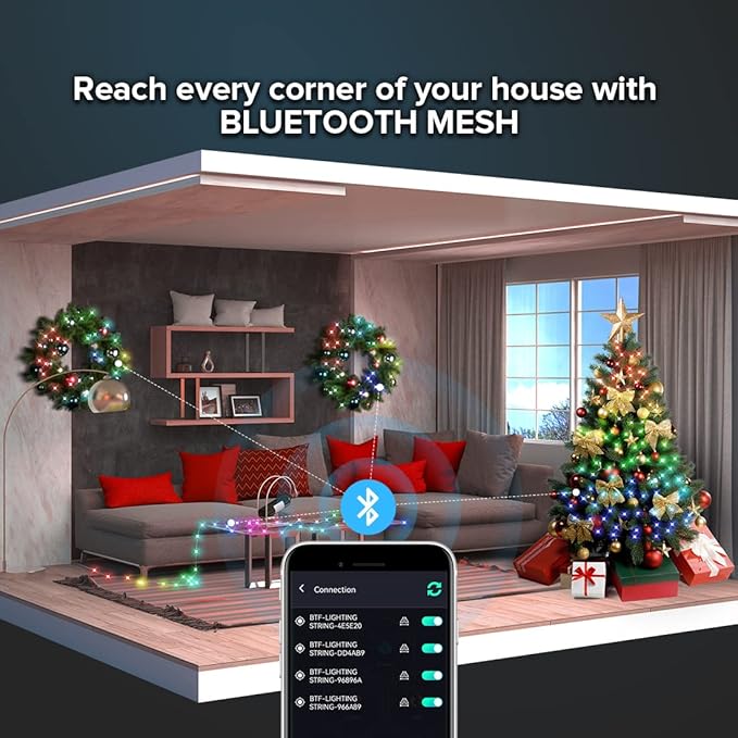 BTF-LIGHTING RGB IC WS2812B USB Twinkle Smart Fairy Light String 16.4FT 50Pixels Transparent Wire Music Bluetooth Mesh APP IR Remote DIY Control Sync Color Chasing IP65 For Christmas Tree Bedroom DC5V