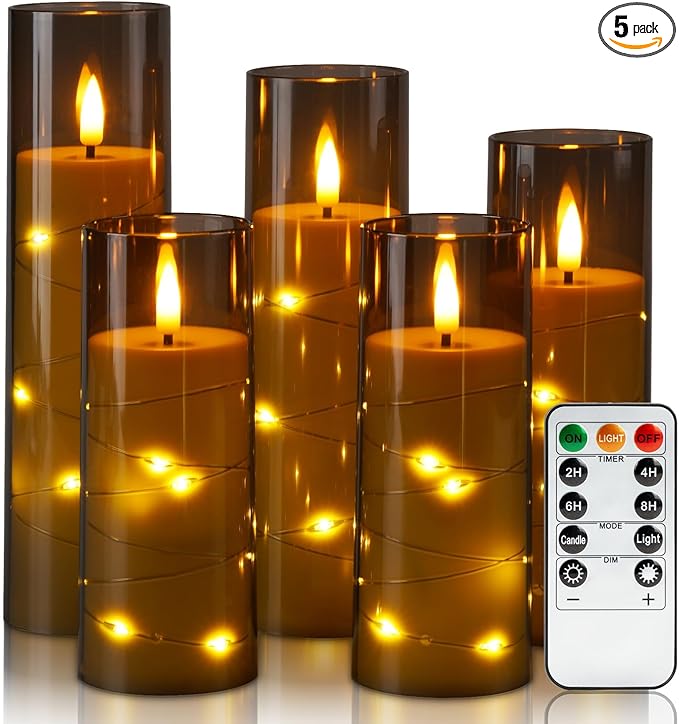 Homemory Flameless Candles with Star String Fairy Lights, Battery Operated Candles, LED Candle, Fake Candles with Remote Control and Timer, Modern Home Decor, Grey, Set of 5