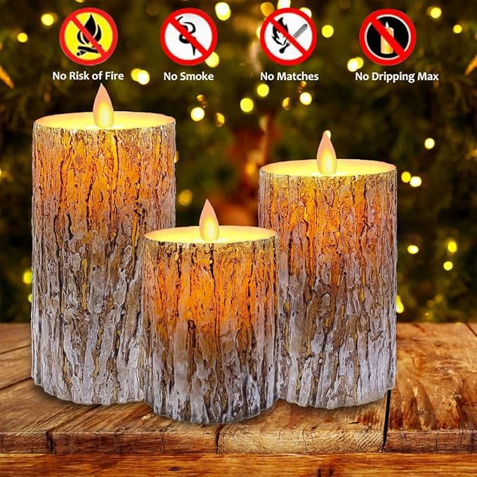 Pine Bark LED Flameless Pillar Candles Battery Operated with Flickering Warm Yellow Light Moving Wicks, Pack of 3 (D 3”×H 4”5”6”) Real Wax Candles with Timer and Remote Control