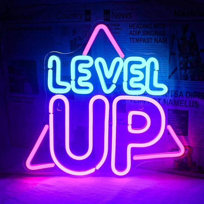 LEVEL UP LED Neon Sign for Wall Decor USB Adjustable Brightness Living Room Bars Barbers Pub Wedding Party Salon Club Gatherings Gaming Room Man Cave Halloween Christmas Birthday Art Wall Decor
