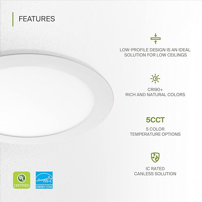 ASD 1 Pack 8 Inch LED Recessed Light 20W, 5 CCT 2700K-5000K CRI90+, IC Rated Ultra Thin Dimmable Ceiling Lights with J Box, Canless Wafer Downlight, Round Slim Panel Lighting, UL Listed, White