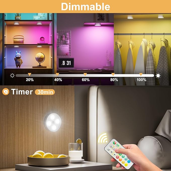 RGB Puck Lights with Remote & Motion Sensor – 1500mAh Rechargeable Under Cabinet Lighting for Kitchen, Closet & Stairs – 13 Colors, Magnetic Stick-On Lights, 6 Pack