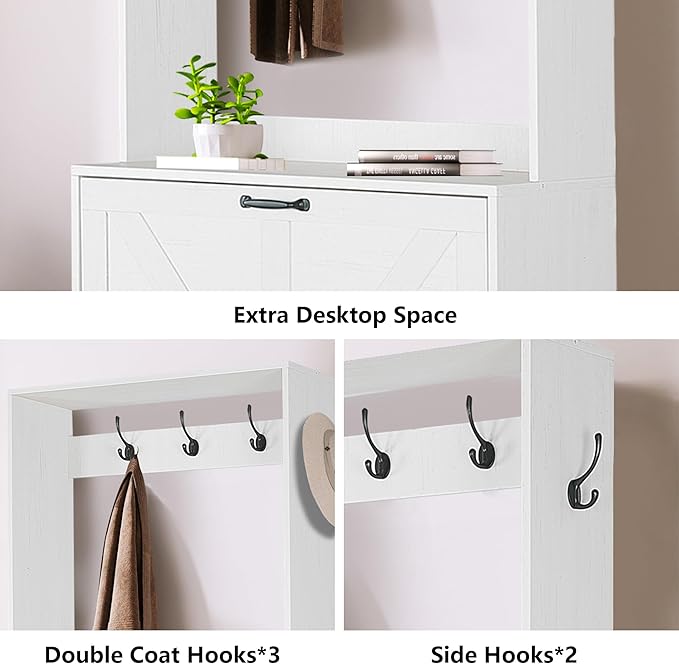 Betoko Hall Tree with Shoes Storage,Farmhouse Entryway Coat Rack Wooden Hallway Mudroom Tree Bench Corner Tree Cabinet with 5 Coat Hooks and 2 Shoes Cabinets and Open Shelf(Rustic White)