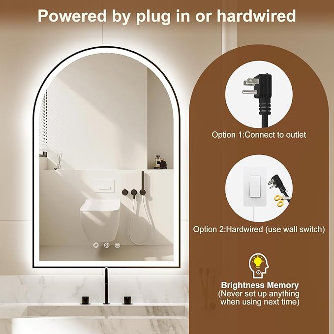 Arched LED Bathroom Mirror 24"x36", Black Bathroom Mirror with Lights-Anti-Fog, Dimmable-LED Mirror for Bathroom,3 Colors