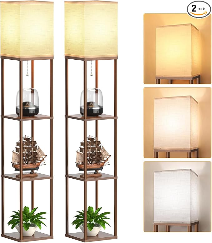 PARTPHONER Floor Lamp with Shelves for Living Room Walnut Brown 2 Pack, Shelf Floor Lamp with 3 CCT LED Bulb, Corner Display Standing Column Lamp Etagere Organizer Tower Nightstand for Bedroom