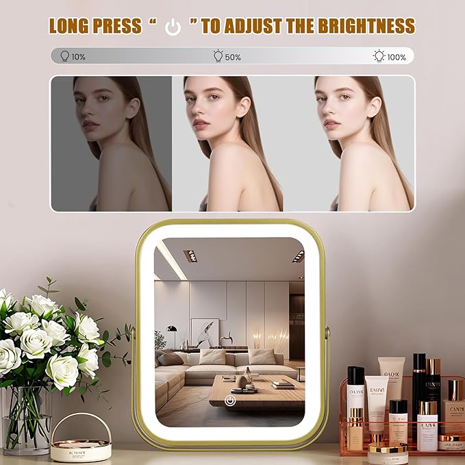 Rechargeable Vanity Mirror with Lights, 10"×8" Makeup Mirror with Lights, 1500mAH Battery, Smart Touch with 3-Color Lighting, Dimmable, HD Desk Mirror, Women Gift, Travel Essentials (Gold)