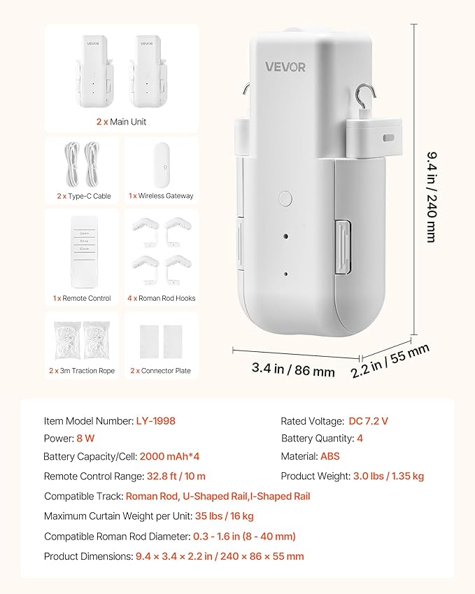 VEVOR Automatic Curtain Opener, 2 Pack, APP and Remote Control, Hub Included, Electric Smart Curtain Opener Compatible with Alexa and Google Home, Timed Opening and Closing, for Roman Rods, U/I Rails