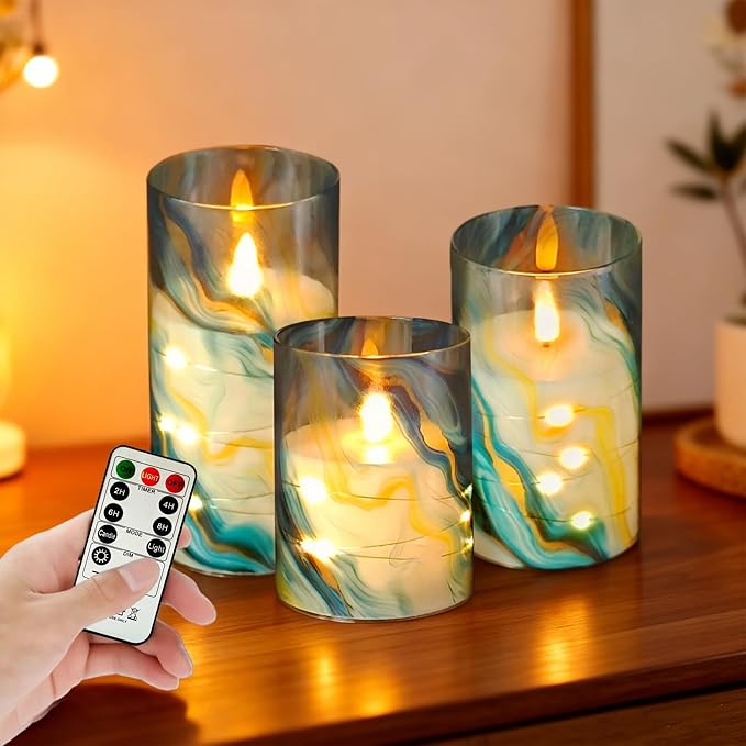 Printed Flameless Candles with String Lights - Set of 3 Battery Operated Candle Flickering Floral LED Pillar Candles with Timer Remote for Home Decor Romantic Ambiance,BG