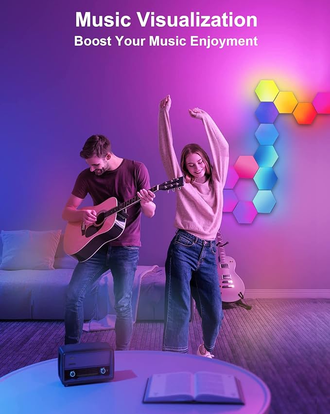 Gaming LED Hexagon Lights, Smart Hexagon Wall Lights App and Remote Control, LED Light Panels for Wall Music Sync, DIY Geometry RGB Gaming Room Decor for Living Bedroom Streaming, 7 Panels