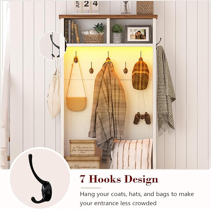 Hall Tree with Bench and Shoe Storage, Entryway Bench with Coat Racks and Led Lights, Farmhouse Small Hall Tree with Shoe Cabinet, 7 Coat Hooks, 6 Storage Cubbies, Adjustable Shelf