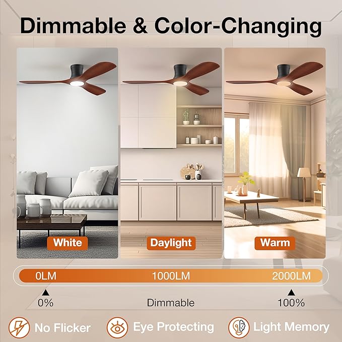 52” Smart Wood Flush Mount Ceiling Fans with Lights Remote,Quiet DC Motor,Outdoor Indoor Low Profile Ceiling Fan,Voice WIFI Alexa App Control,Dimmable,6-speed,for Modern Bedroom Patio