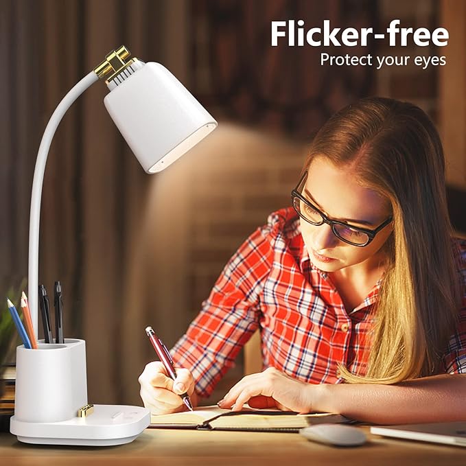 LED Desk Lamp with USB Charging Port Touch Control 3 Color Modes, Stepless Dimming,Eye-Caring LED Table Lamp for Home,Office,Bedroom,Reading,Work,Study,Gooseneck Lamp, 5V, 2.4A