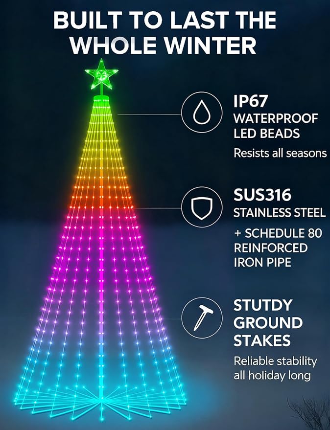 Popotan 10FT Smart RGB Christmas Tree Cone Lights, 514 LEDs App & Remote Control, Music Sync, Timer & Memory Function, Waterproof Outdoor Christmas Decorations for Yard Patio Garden Holiday Display