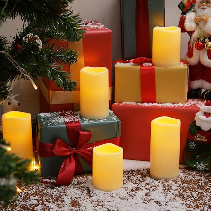 Homemory Waterproof Flameless Candles, Outdoor Indoor Battery Operated LED Pillar Candles with Remote Control and Timer, Plastic, Long Lasting, D3 x H4 4" 5" 5" 6" 6", Set of 6