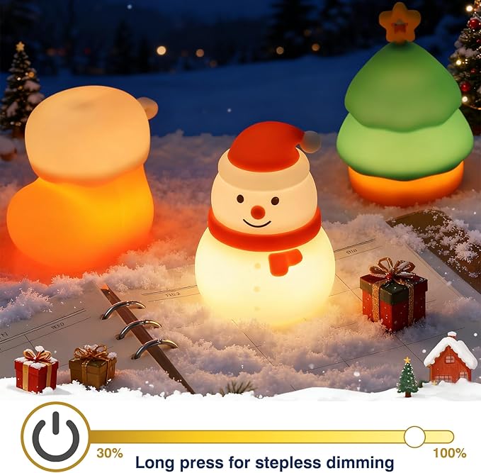 Christmas Night Light Set of 3,Rechargeable Dimmable Christmas Snowman Night Lamp,Cute Christmas Tree Decor Nightlight for Nursery Kids Hangable Squishy Silicone Boot Lights Gifts Holiday Decor