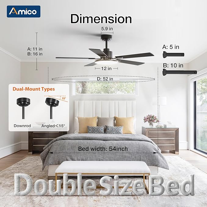 Amico Ceiling Fans with Lights, 52 inch Smart Ceiling Fan with Remote/APP/Alexa Control, Downrod Mount, Reversible DC Motor, 5 Blades, 6 Speeds, 3CCT, Dimmable, Noiseless, Bedroom, Living Room, Black