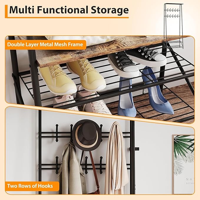 Entryway Hall Tree with Shoe Rack, Hall Tree Coat Rack with Hooks, 25” Freestanding Metal Coat Rack with Shoe Storage, Compact Entryway Organizer for Hallway and Bathroom