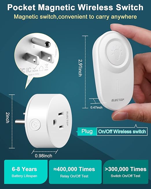 Remote Control Outlet, ELECTOP 15A/1500W Wireless Outlet Power Switch, No Wire Long Range Electrical Switch Plug On/Off for Lights, Fans, Christmas Lights, Household Appliance, 4000V Anti Surge