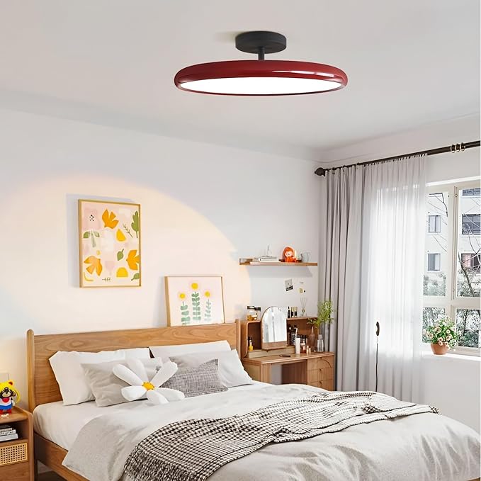 KCO Lighting Modern Red Ceiling Light Fixture Large Industrial Black Flush Mount LED Pendant Lamp Mid Century Flat Rustic Semi Flush Mount Ceiling Light for Porch Hallway Entryway