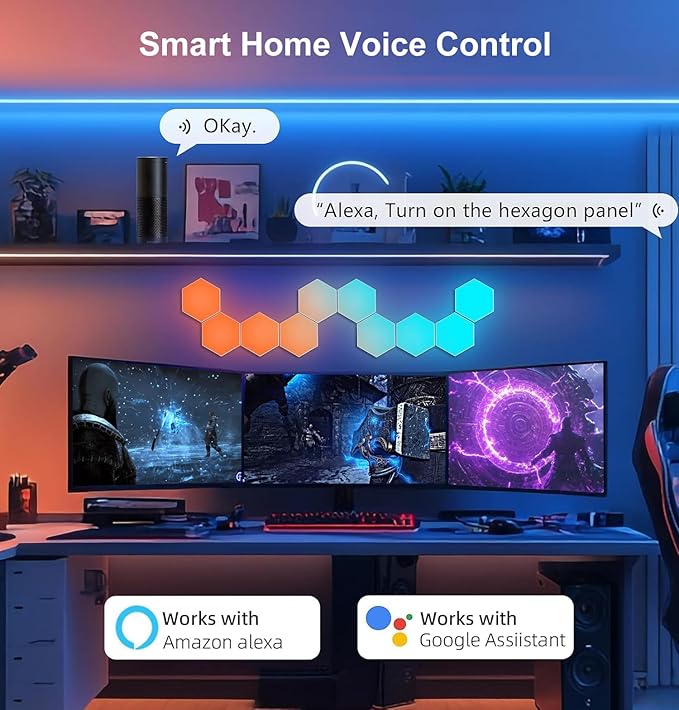 Hexagon LED Lights for Gaming Setup, Smart Home Gaming Lights Room Decor Work with Alexa Google Assistant, 14 DIY LED Panels for Wall Voice App Control Music Sync for TV Bedroom Aesthetic Decor Gift