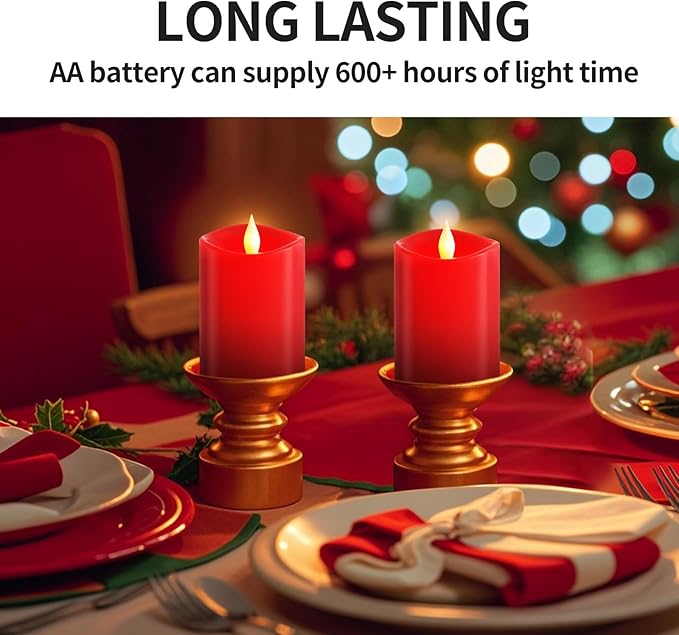 3″x4″ Flickering Flameless Candles Set of 2, 2AA Battery Life 600 Hours Battery Candles Flickering with Timer,4 inch Flameless Candles with Remote for Indoor/Outdoor, Red