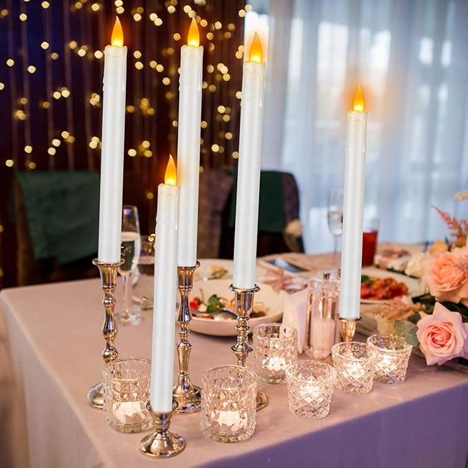 12 Pcs Flickering Flameless Taper Candles, 10" Fake Taper Candles Battery Operated with Timer, Long Lasting-White Electric Led Candlesticks for Xmas Halloween Wedding Home Décor