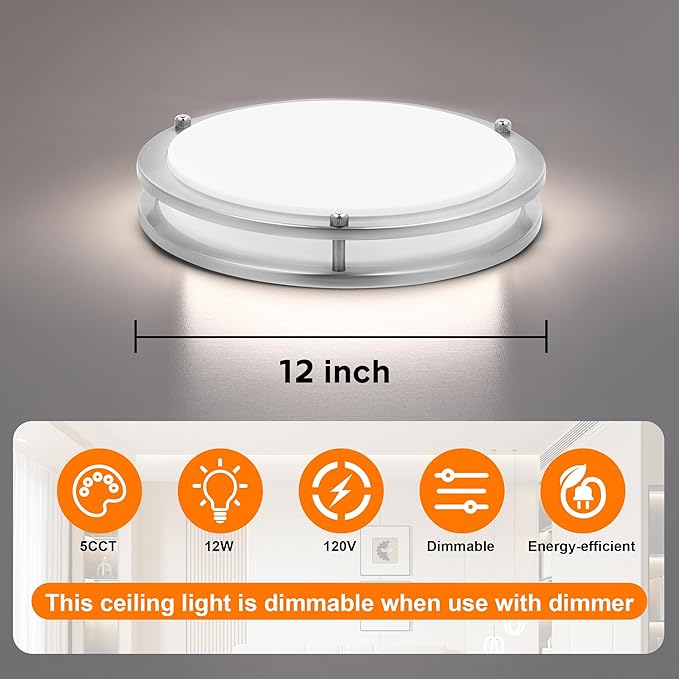 2 Pack 12 Inch Round Brushed Nickel Ceiling Light Fixture - Flush Mount LED Ceiling Lamp Set of Two 2700K/3000K/3500K/4000K/5000K Adjustable Brushed Nickel Bathroom LED Light for Bedroom
