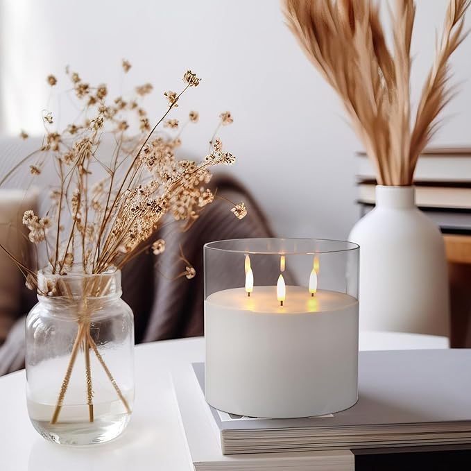 Retisee 6'' x 6'' Extra Large Flameless Candles, 3 Wick Glass Large Candles with Remote Control and Timer Function, Real Wax LED Pillar Flickering for St. Patrick's Spring Party Decor(Clear,1 Pcs)