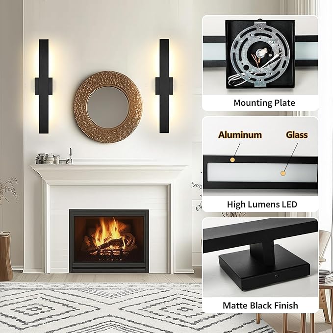 Aluminum Modern LED Wall sconces 2 Pack, 24.4 inch Matte Black Waterproof Wall Lights with 28W LED Light Source for Indoor,Outdoor,Living Room,Bedroom,Garage,Porch,Hallway