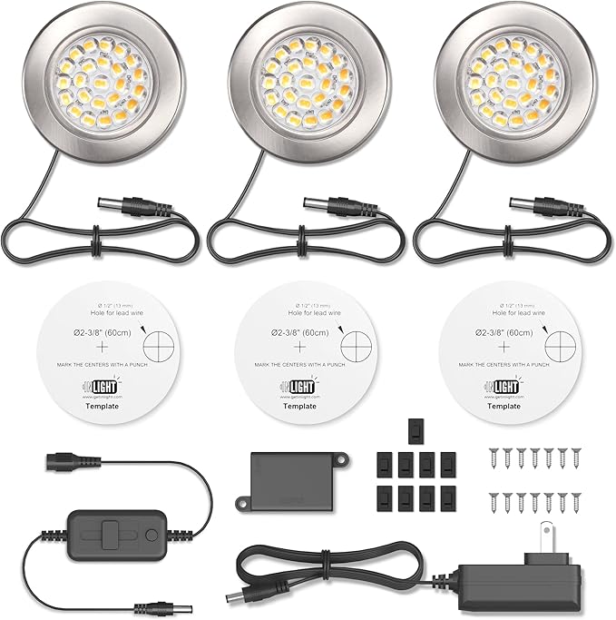 GETINLIGHT 2.5" Wide 3000K Dimmable LED Puck Lights Kit, Plug-in Installation with Recessed or Surface Mounted, Brushed Nickel Finish Over Metal Construction, Set of 3, IN-0113-3-SN