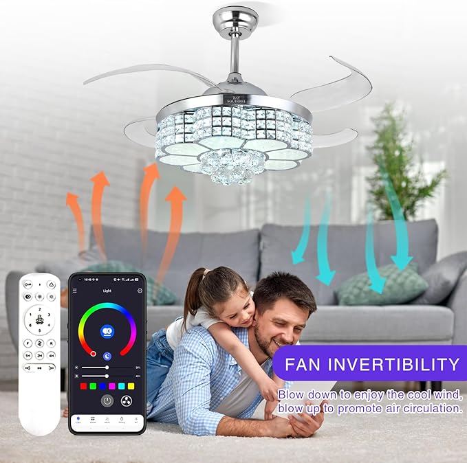 BAYSQUIRREL 42-inch Retractable Ceiling Fan with Light and Remote/APP Control, Bluetooth Ceiling Fans with Speaker, RGB-LED Light 6 Speeds Reversible Blades,Flush Mount Chandelier Crystal Ceiling Fan