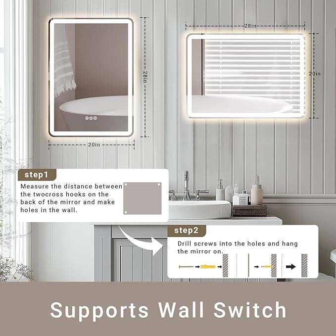 28"x 20" LED Bathroom Mirror with Stepless Dimmable, Backlight Wall Mirrors with Anti-Fog Bathroom Digital Mirror for Wall, 3 Color Modes, Memory Function Smart Mirror