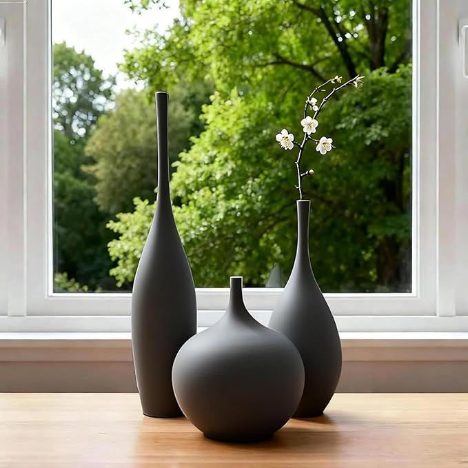Black Ceramic Vase Modern Boho Wabi-Sabi Flower Vase Set of 3 Decorative Aesthetic Vases for Centerpieces Matte Minimalist Vases for Living Room Table Shelf Home Decor Gift