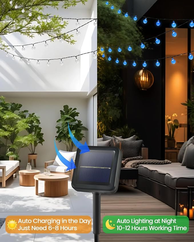 LORRYTE 2-Pack 120 LED Blue Solar String Lights Outdoor - 72FT Crystal Globe Waterproof Solar Powered Patio Lights for Outside with 8 Lighting Modes for Garden Yard Party Porch Decorations