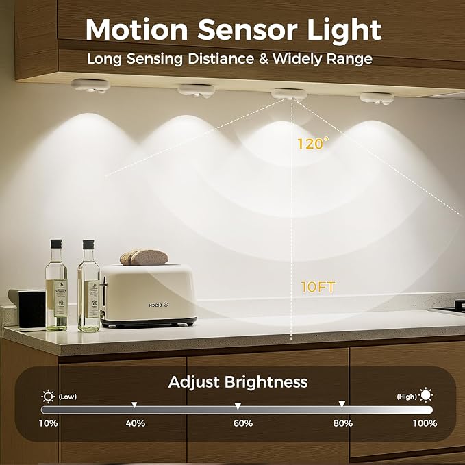 LED Motion Sensor Puck Lights, Small Rechargeable Under Cabinet Light, Dimmable Daylight White Closet Lights, Wireless Under Cabinet Lighting for Drawer, Kitchen (6 Pack, White)
