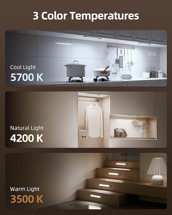 EZVALO Under Cabinet Lighting, 98 LED Rechargeable Motion Sensor Light Indoor, Magnetic Dimmable Closet Lights with 3 Color Temps, Wireless Under Counter Lights for Kitchen, Stairs(Grey, 2 Pack)