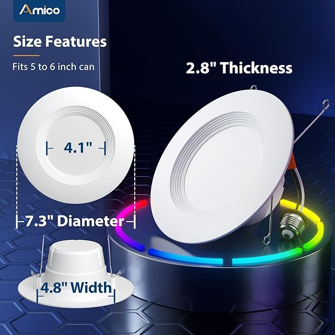 Amico 6 Pack 5/6 Inch WiFi LED Recessed Can Smart Matter Lights, RGBCW Color Changing Retrofit Recessed Lighting, Voice & APP Control, 12W=110W 1100LM, Alexa & Google Compatible, ACK, IC & ETL
