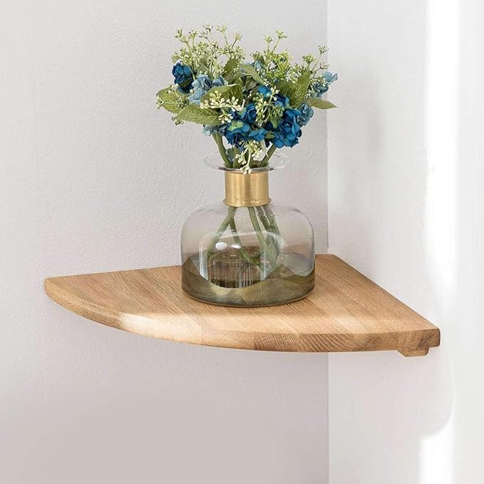 Corner Shelf, Solid Oak Wood Floating Corner Shelf Wall Mount Round End Floating Speaker Shelves with Wire Hole for Small Plant Photo Frame for Bedroom Kitchen, Living Room (Oak, 7.1in)