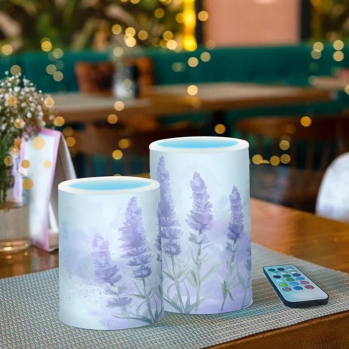 Watercolor Lavender Pattern Flameless Candles Color Changing LED Candles with Remote Control Battery Candles for Outdoor and Indoor Home and Room Decoration, 3'' x 4''/5'' Set of 2 Pieces