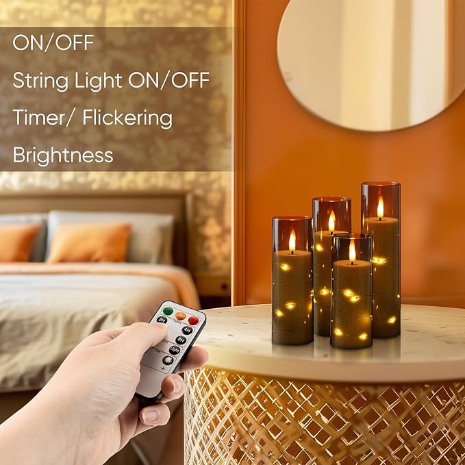 Homemory Flameless Candles with Star String Fairy Lights, Battery Operated Candles, LED Candle, Fake Candles with Remote Control and Timer, Modern Home Decor, Grey, Set of 5