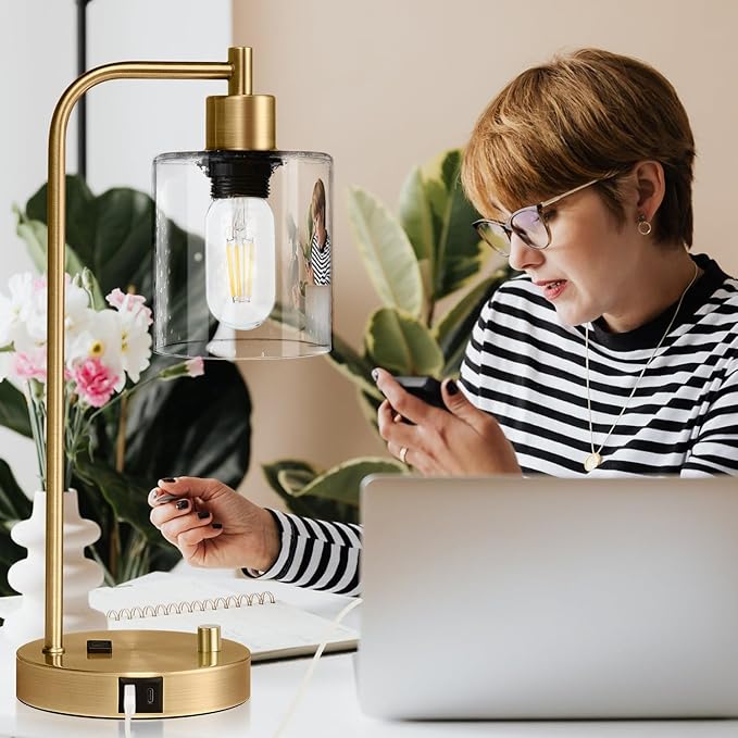 Lynnoland Set of 2 Industrial Table Lamps with USB C+A Ports and Outlet, Brass Fully Stepless Dimmable Bedside Lamps, Nightstand Lamps with Clear Glass Shade for Living Room Office (2 LED Bulb)