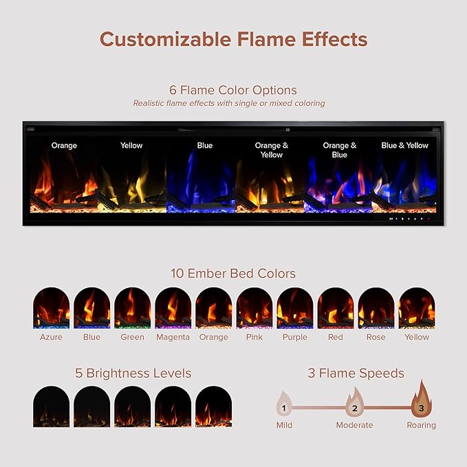Modern Ember Aerus Slim 72 Inch Smart Linear Electric Fireplace | Recessed in-Wall or Wall-Mount | LED Multiple Flame Colors | Alexa/WiFi Enabled | 4.25” Profile | Remote Included