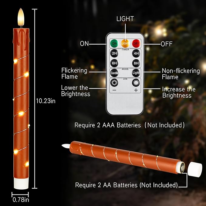 Flameless Taper Candles with Remote for Romantic Decorations，3D Flickering Flame Battery Operated LED Candles Arounded with Starlight String for Home Decoration, Pack of 6, Reddish Brown