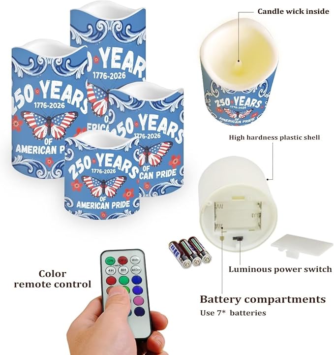 1776–2026 LED Candles 250th Anniversary Butterfly Pattern Battery Operated Flickering with Timer 4th of July American Pride Decor for Independence Day Living Room, 4 Pack