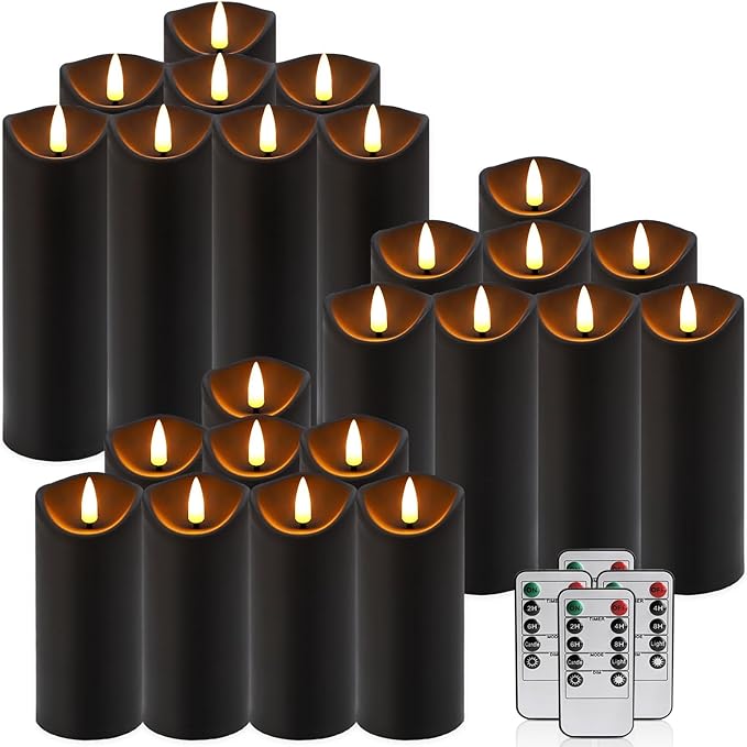 Set of 24 Flickering Black Flameless Candles, Battery Operated LED Pillar Candles with Remote Control and Timer Essential forfor Home Decor&Festival Celebrations&Table Decorations&Wedding.