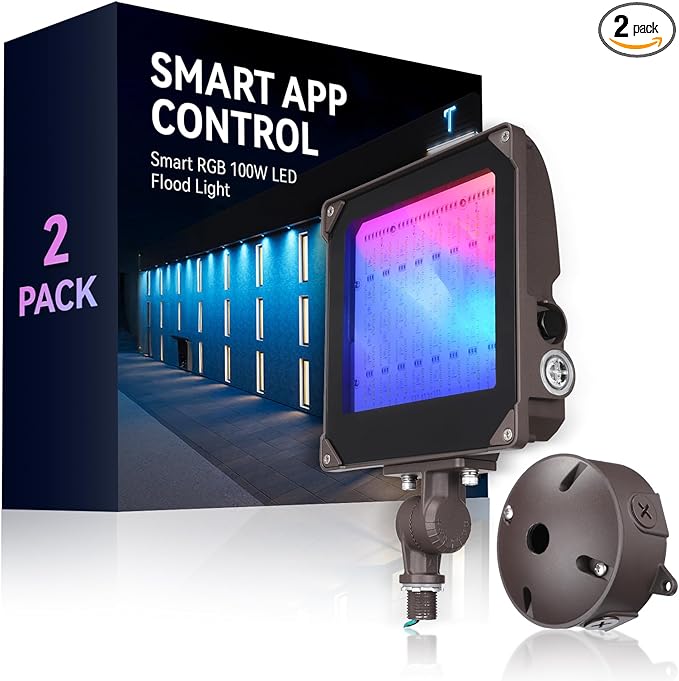 LEONLITE Smart RGB 100W LED Flood Light with Knuckle, Bluetooth Connection APP Control, Commercial Area Lighting for Outdoor Decorations, 3000K-5000K Dimmable, 100-277V, IP65 Waterproof, Pack of 2