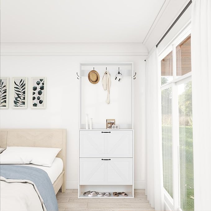 Betoko Hall Tree with Shoes Storage,Farmhouse Entryway Coat Rack Wooden Hallway Mudroom Tree Bench Corner Tree Cabinet with 5 Coat Hooks and 2 Shoes Cabinets and Open Shelf(Rustic White)
