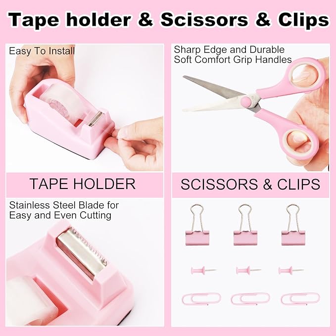 Pink Desk Organizers and Accessories Set with 360-Degree Rotating Pen Holder, Tape Dispenser, Stapler, Staple Remover, 1000 Staples, Tape, Clips Set, Ruler, Scissor, Pen