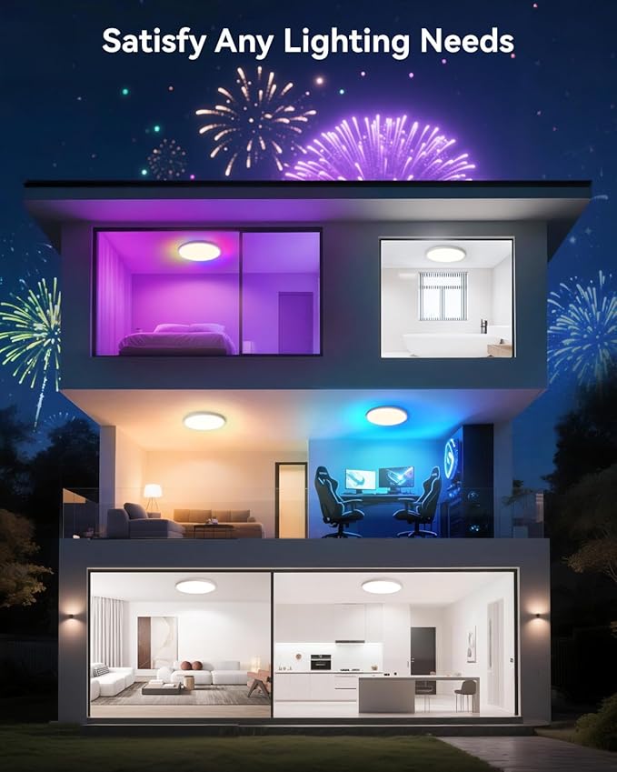 12 Inch Smart Ceiling Light, RGB+IC LED Flush Mount Light Fixture, 2400LM Dimmable, APP & Remote Control, 2700K-6500K DIY Color Ceiling Light for Bedroom Living Room, Works with Alexa & Google Home